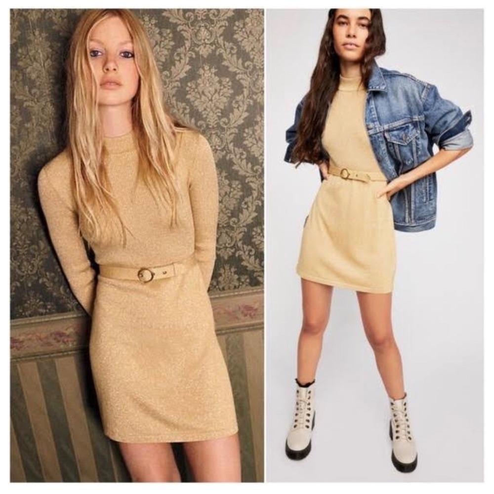 Free People French Girl Mini Dress Gold metallic Lurex XS bodycon belt holiday